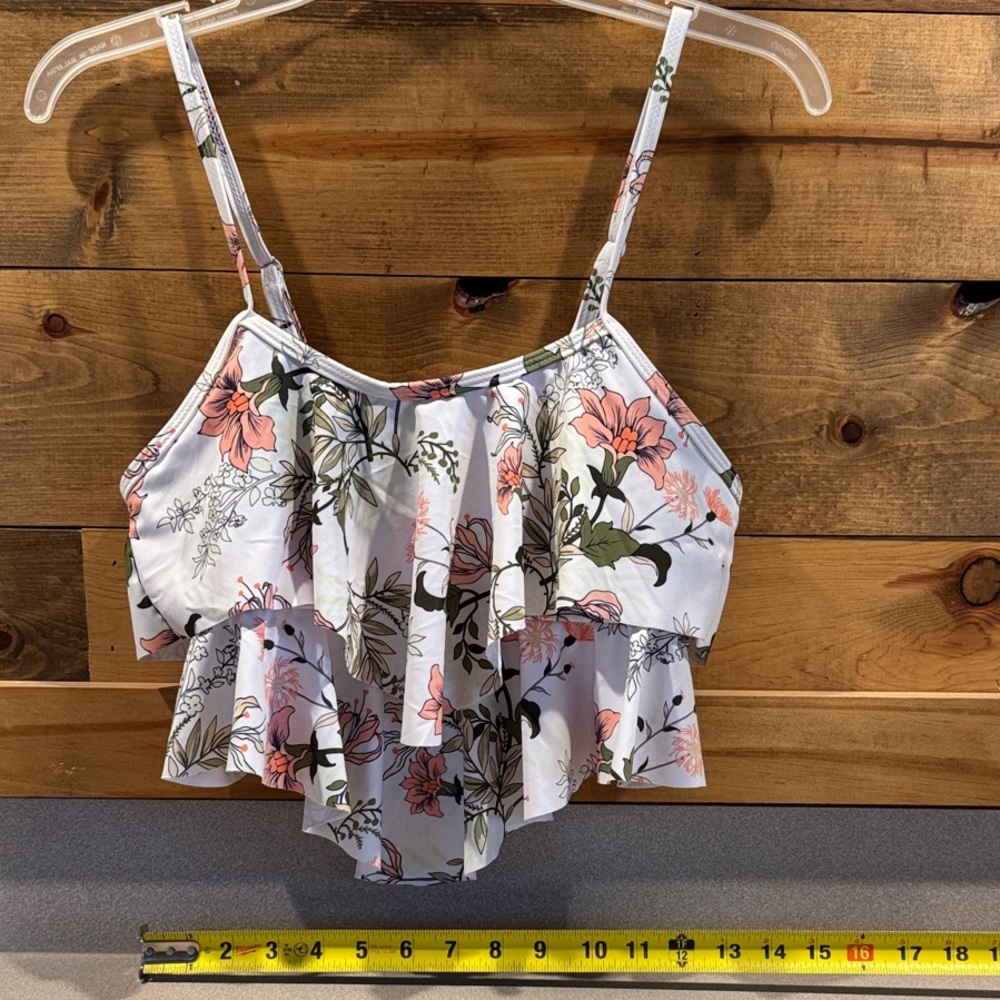 SHEIN Floral Ruffle Bikini Top - White and Pink